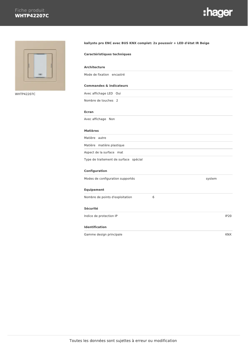 Page 1 de la notice Fiche technique Hager WHTP42207C