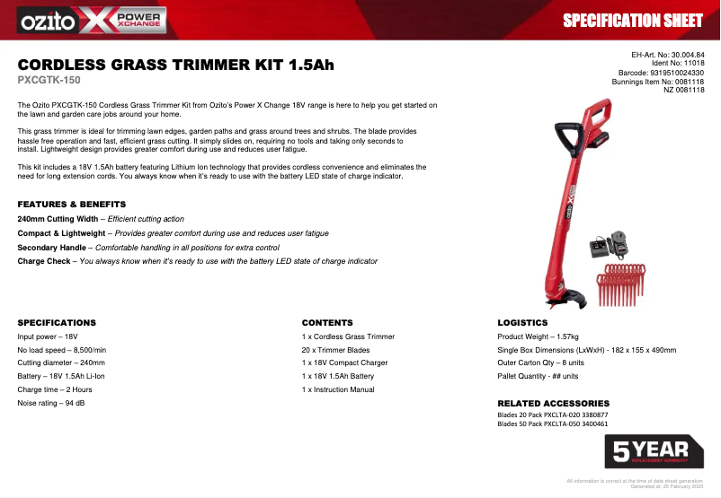Page 1 de la notice Fiche technique Ozito PXCGTK-150