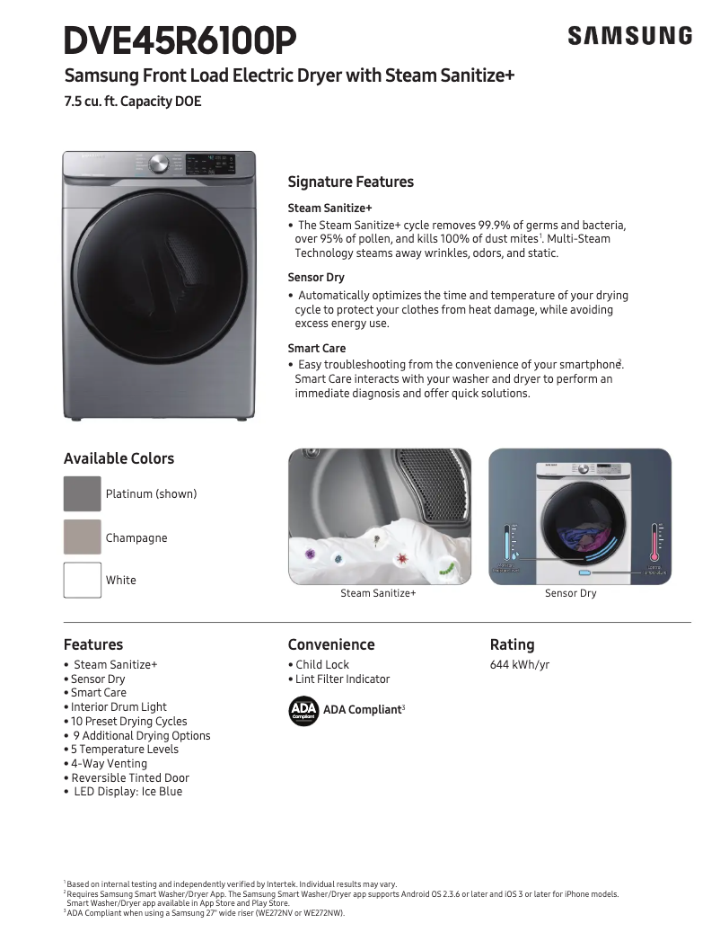 Page 1 de la notice Fiche technique Samsung DVE45R6100P