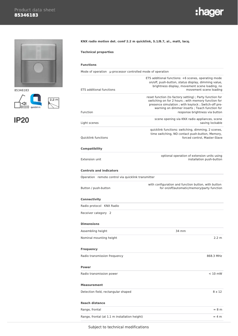 Page 1 de la notice Fiche technique Hager 85346183
