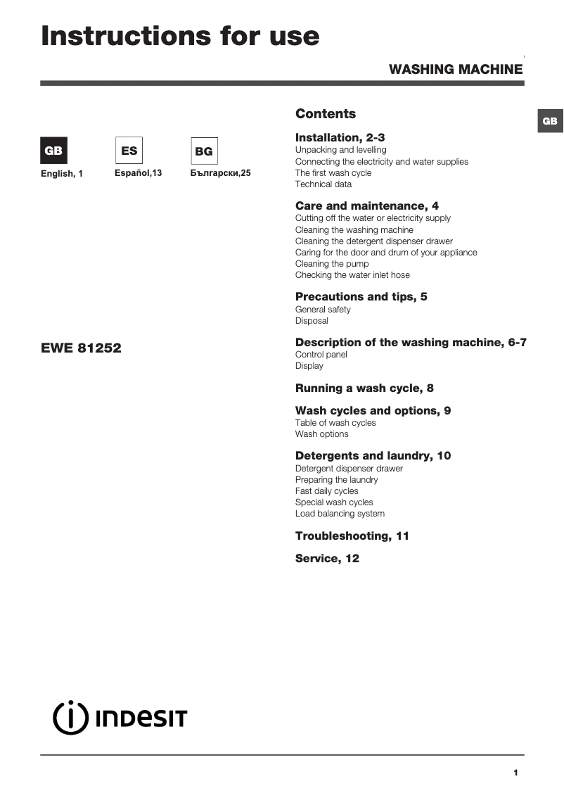 Page 1 de la notice Manuel utilisateur Indesit EWE 81252 W EU