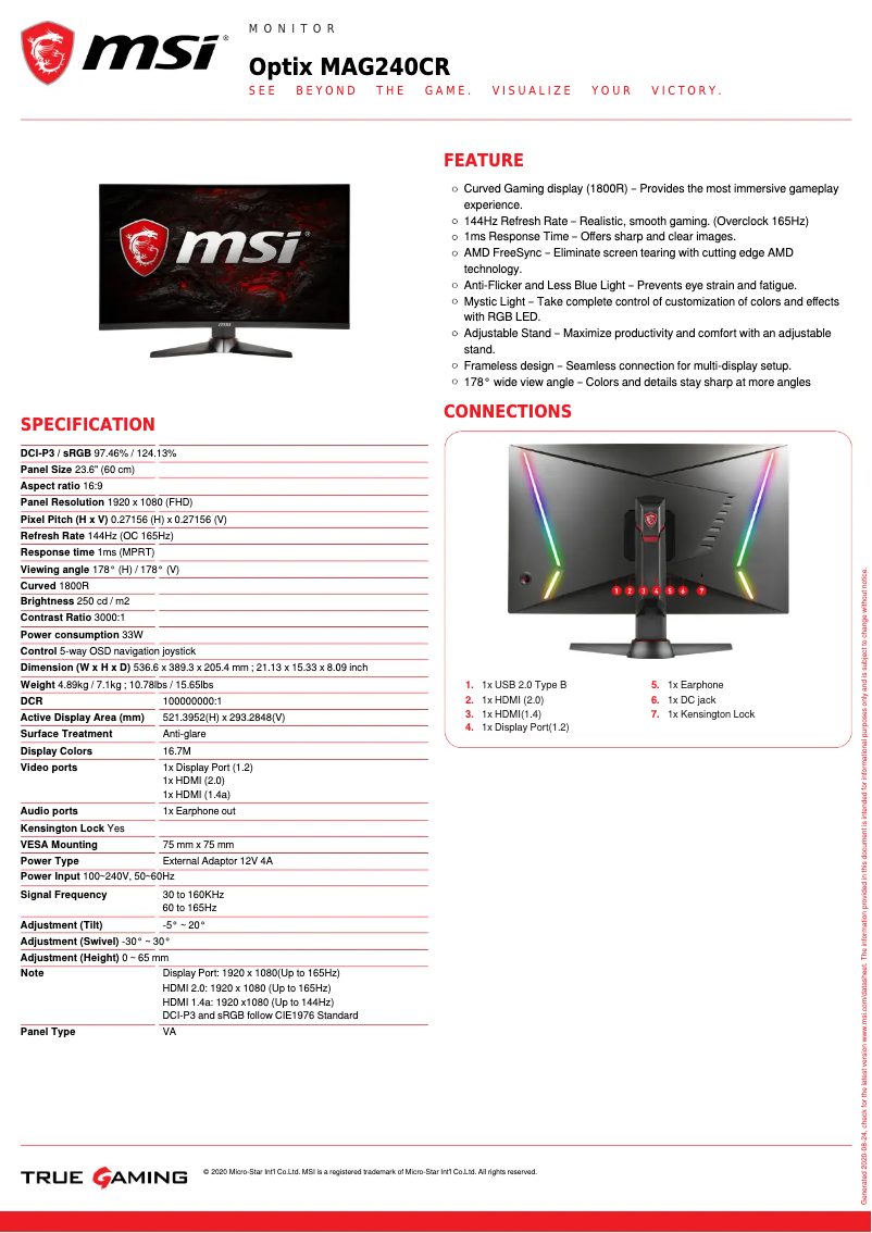 Page 1 de la notice Fiche technique MSI Optix MAG240CR