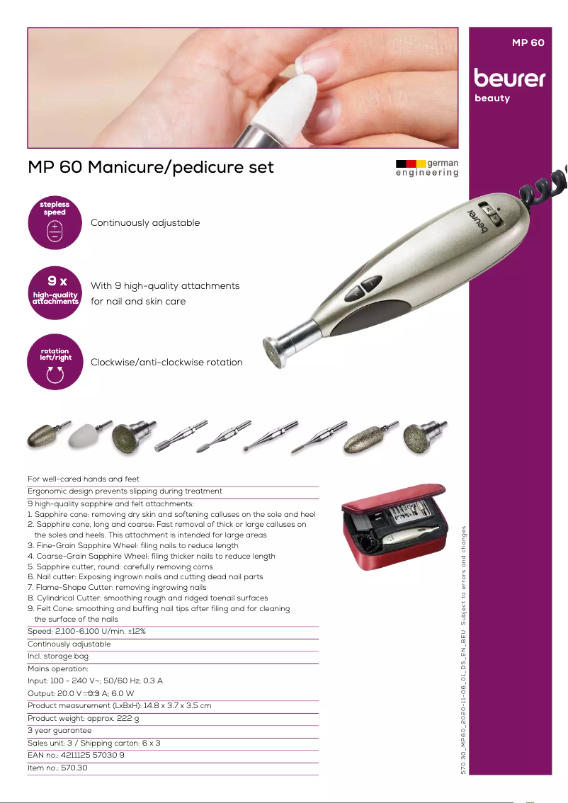 Page 1 de la notice Fiche technique Beurer MP 60