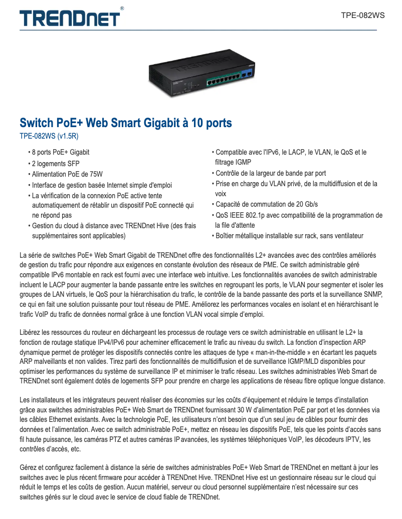 Page 1 de la notice Fiche technique TRENDnet TPE-082WS