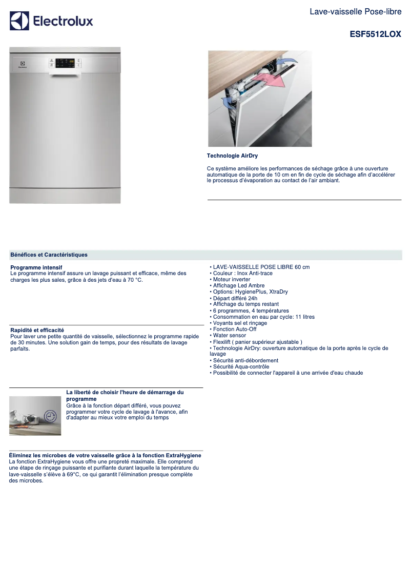 Page 1 de la notice Fiche technique Electrolux ESF5512LOX