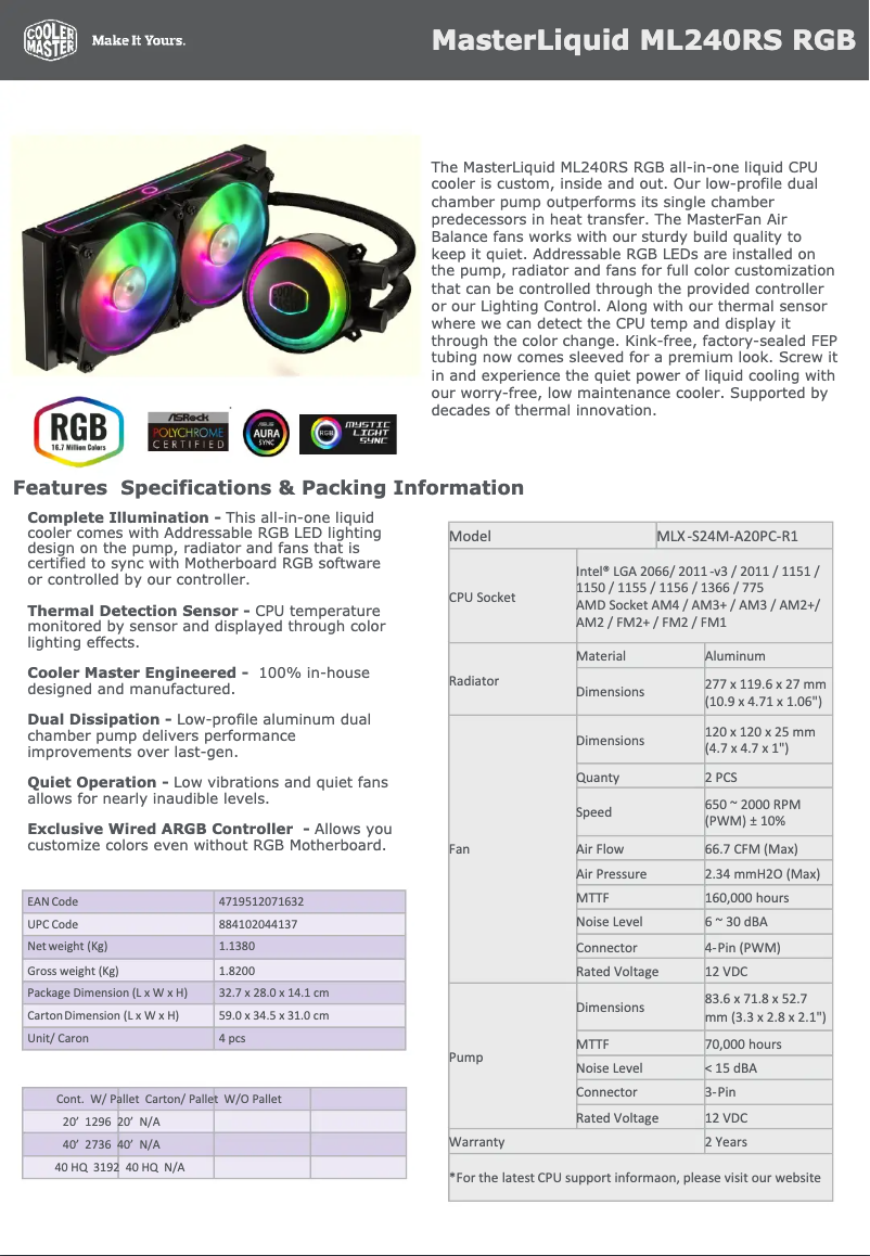 Image de la première page du manuel de l'appareil MasterLiquid ML240RS RGB