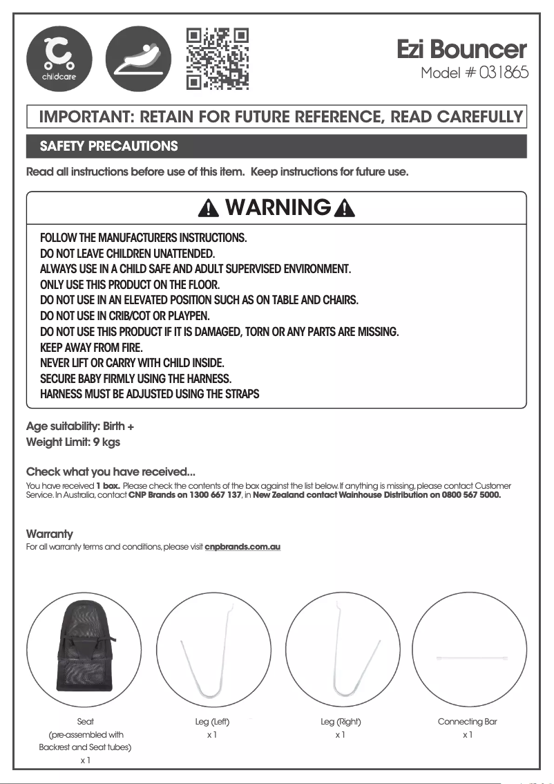Page 1 of the manual User Manual Childcare Ezi Bouncer 031865