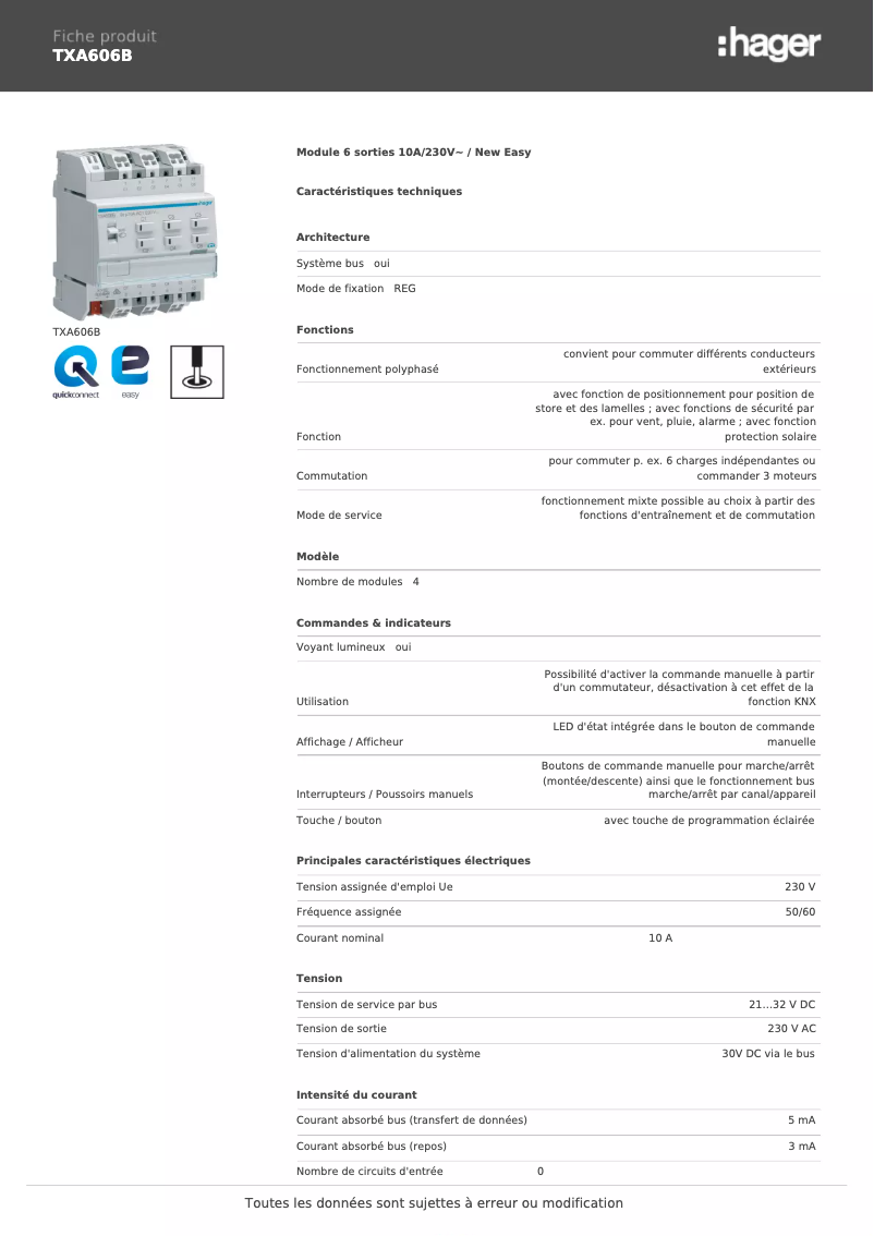 Page 1 de la notice Fiche technique Hager TXA606B