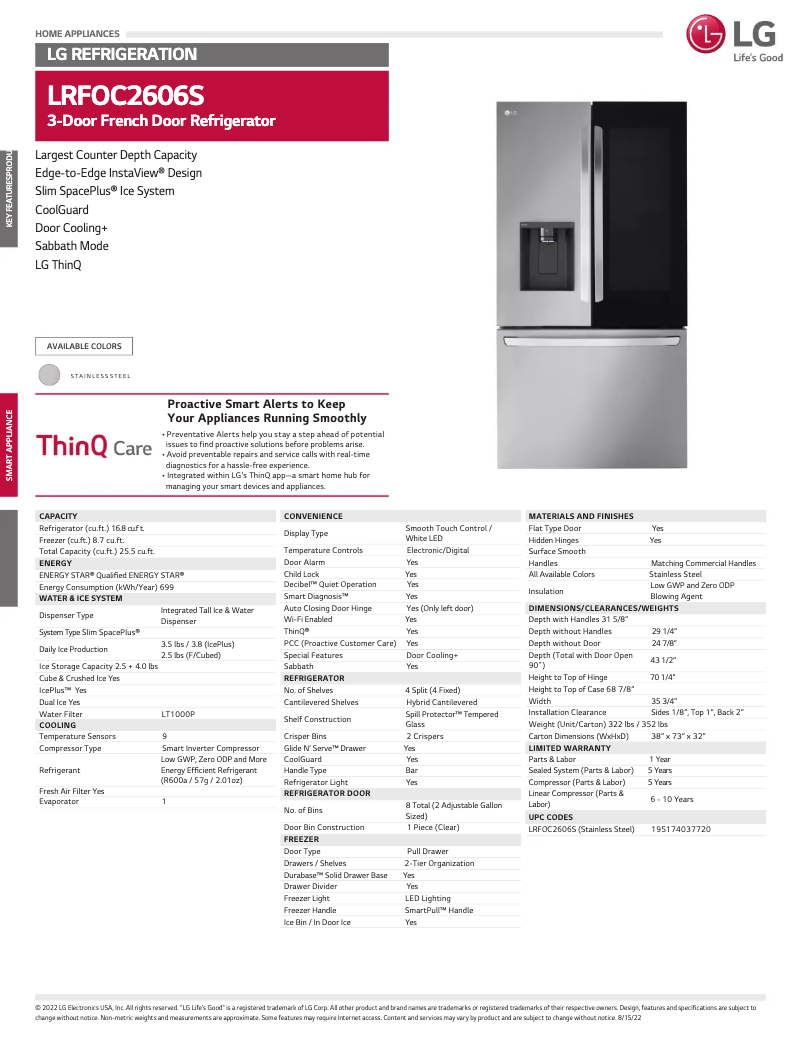 Página 1 del manual Ficha técnica LG LRFOC2606S