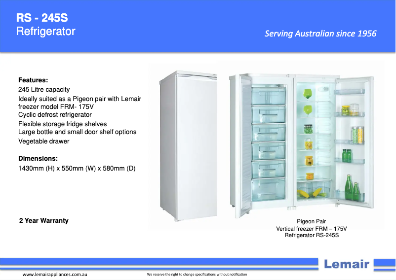 Page 1 de la notice Fiche technique Lemair FRM-175V