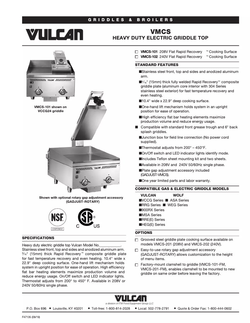 Page 1 de la notice Fiche technique Vulcan VMCS-101