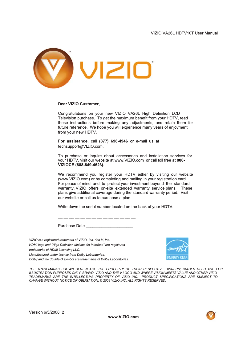 Page n°1 - Manuel utilisateur VIZIO VA26L