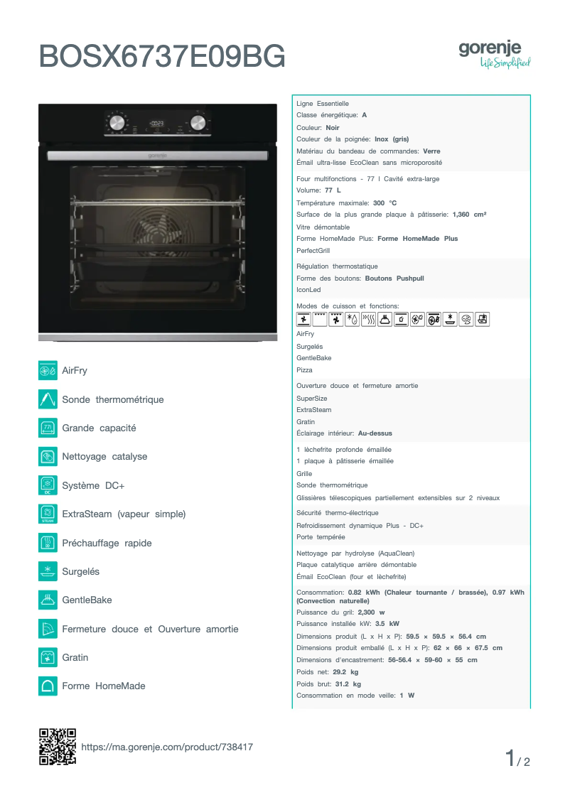 Página 1 del manual Ficha técnica Gorenje BOSX6737E09BG