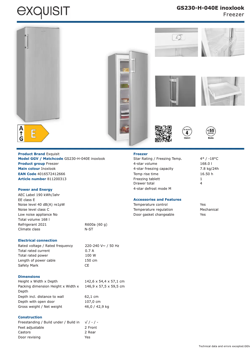 Page 1 de la notice Fiche technique Exquisit GS230-H-040E