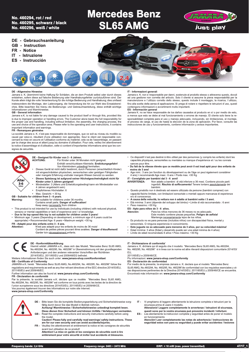 Page 1 de la notice Manuel utilisateur Jamara Mercedes Benz SL65 AMG