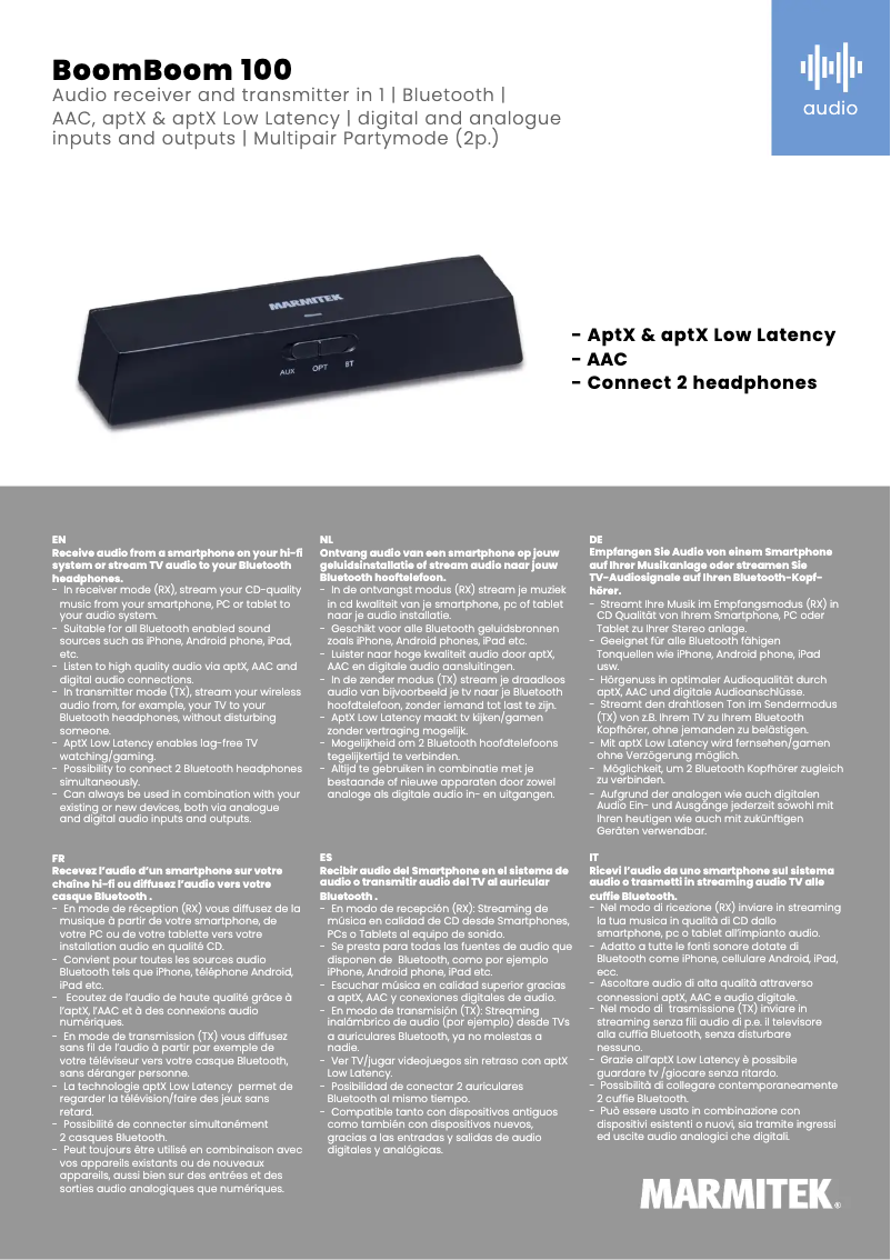 Page 1 de la notice Fiche technique Marmitek BoomBoom 100