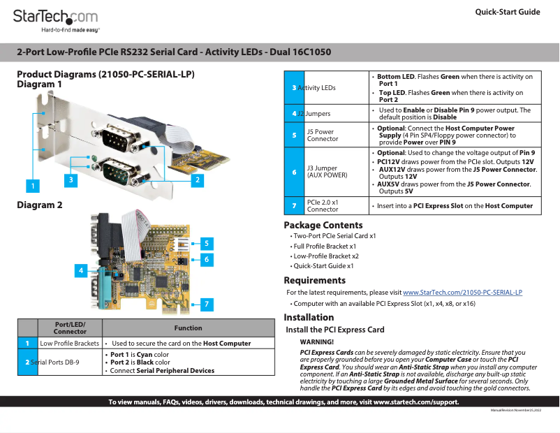 Page 1 de la notice Manuel utilisateur StarTech.com 21050-PC-SERIAL-LP