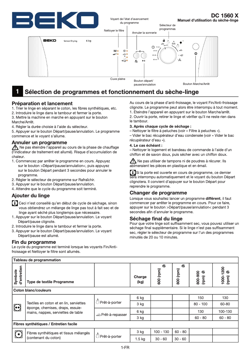 Page n°1 - Manuel utilisateur Beko DC 1560 X