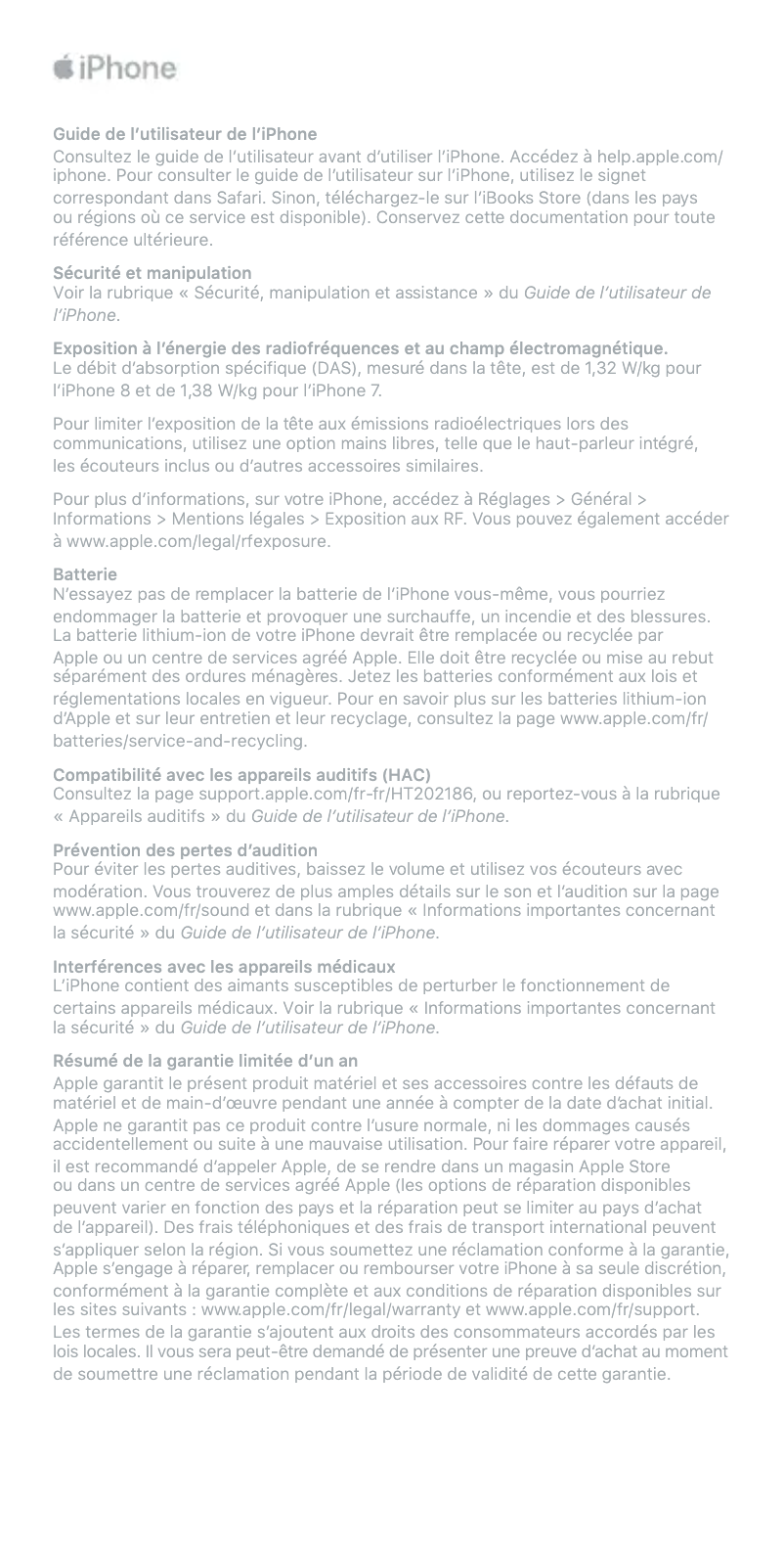 Page 1 de la notice Fiche technique Apple iPhone 8