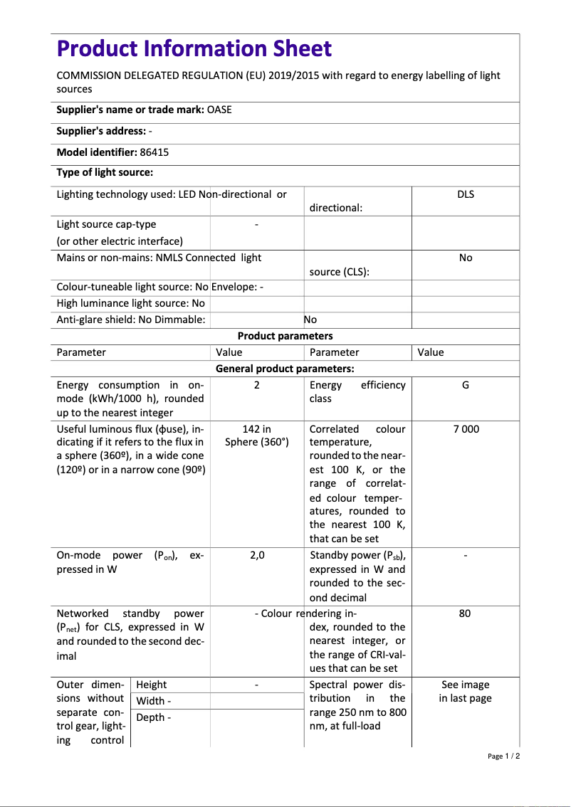 Page 1 de la notice Fiche technique Oase biOrb LOOP 30