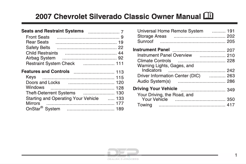 Image de la première page du manuel de l'appareil Silverado 1500 (2007)
