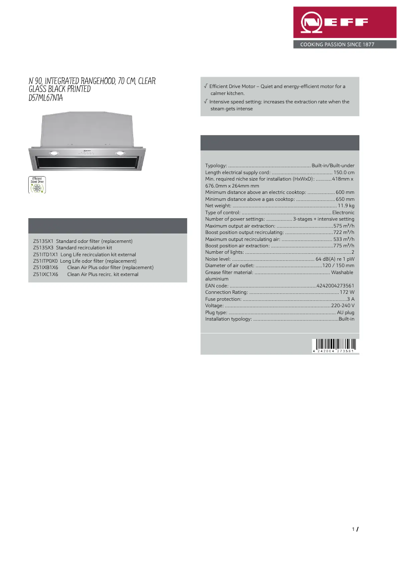 Page 1 de la notice Fiche technique Neff D57ML67N1A