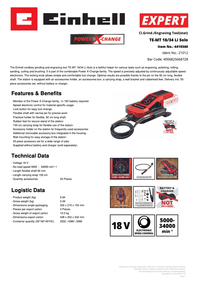 Page 1 de la notice Fiche technique Einhell TE-MT 18/34 Li