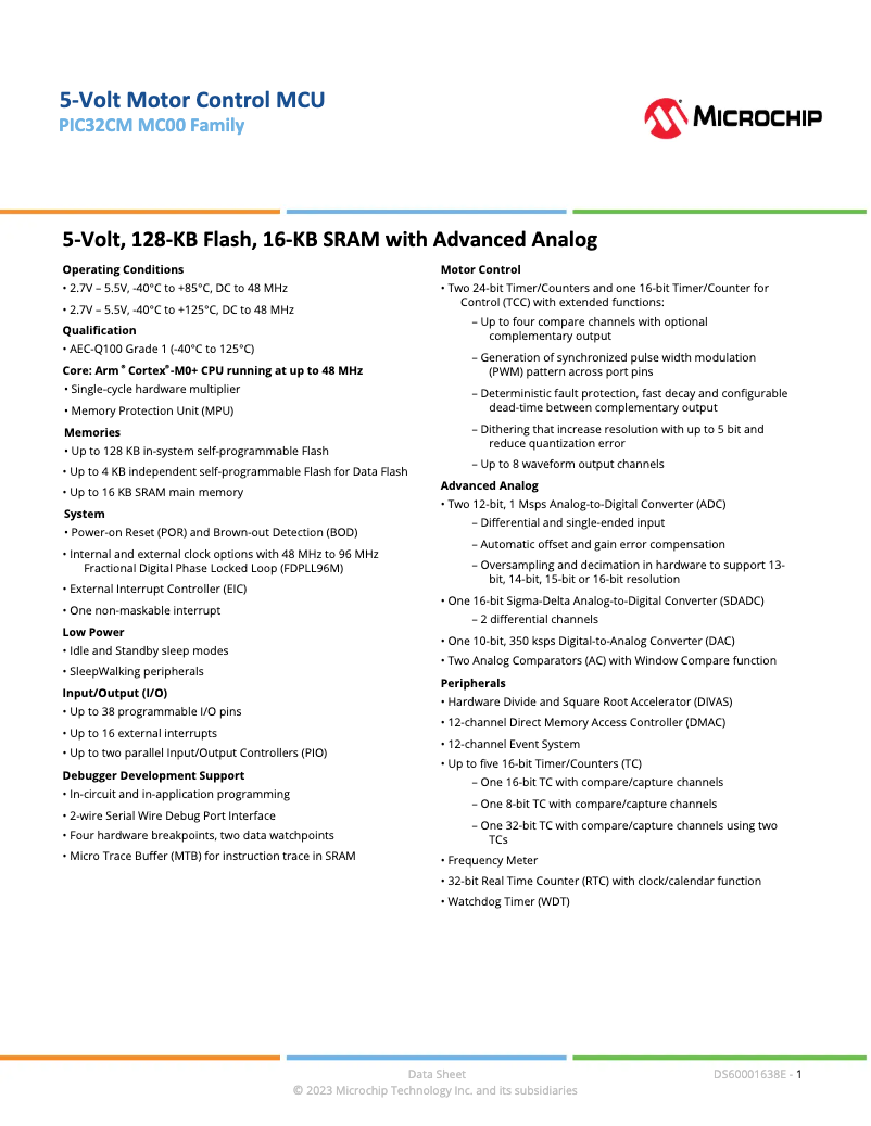 Page 1 de la notice Fiche technique Microchip PIC32CM6408MC00032