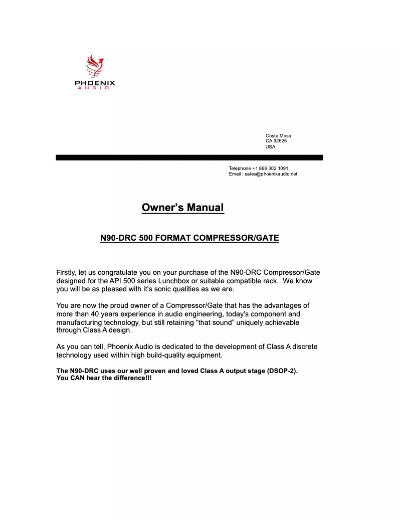 Page 1 de la notice Manuel utilisateur Phoenix Audio N90-DRC/500