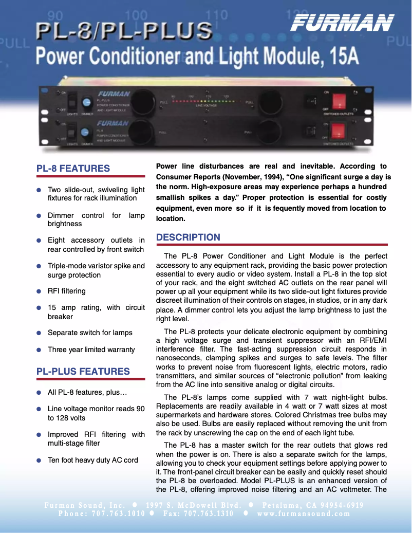 Page 1 de la notice Fiche technique Furman PL-8C E