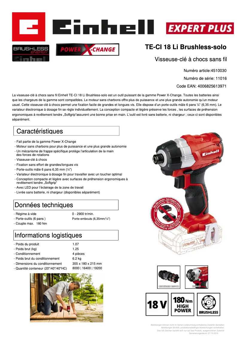 Page 1 de la notice Fiche technique Einhell TP-CI 18 Li BL - Solo