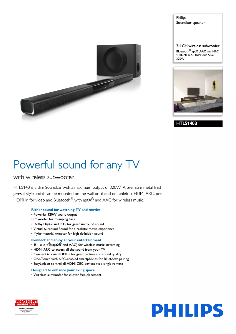 Page 1 de la notice Fiche technique Philips HTL5140B
