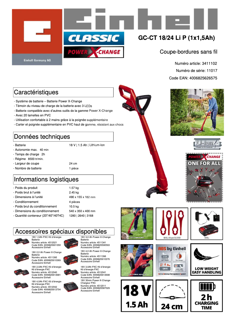 Página 1 del manual Ficha técnica Einhell GC-CT 18/24 Li P