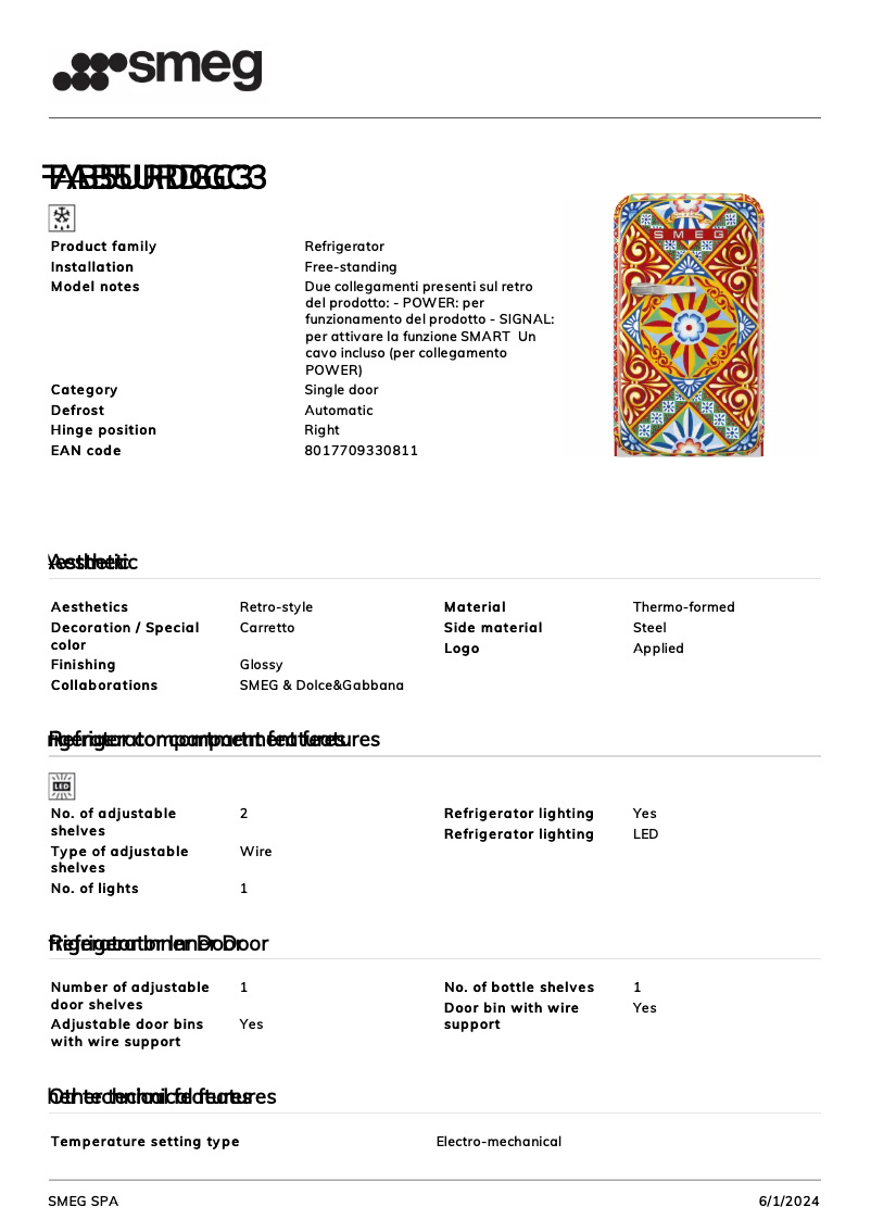 Page n°1 - Fiche technique Smeg FAB5URDGC3