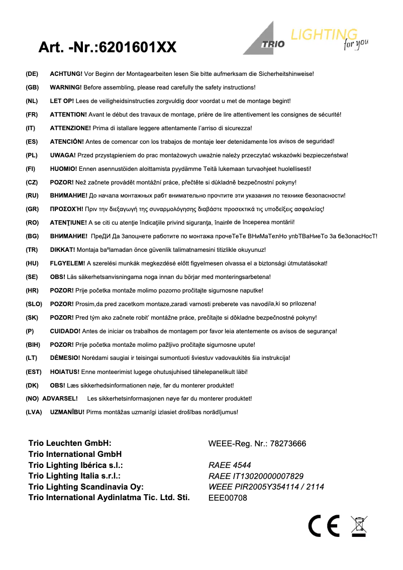 Page n°1 - Manuel utilisateur Trio Lighting Trave 620160101