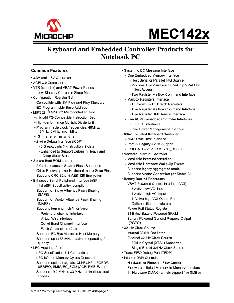 Page 1 de la notice Fiche technique Microchip MEC1428