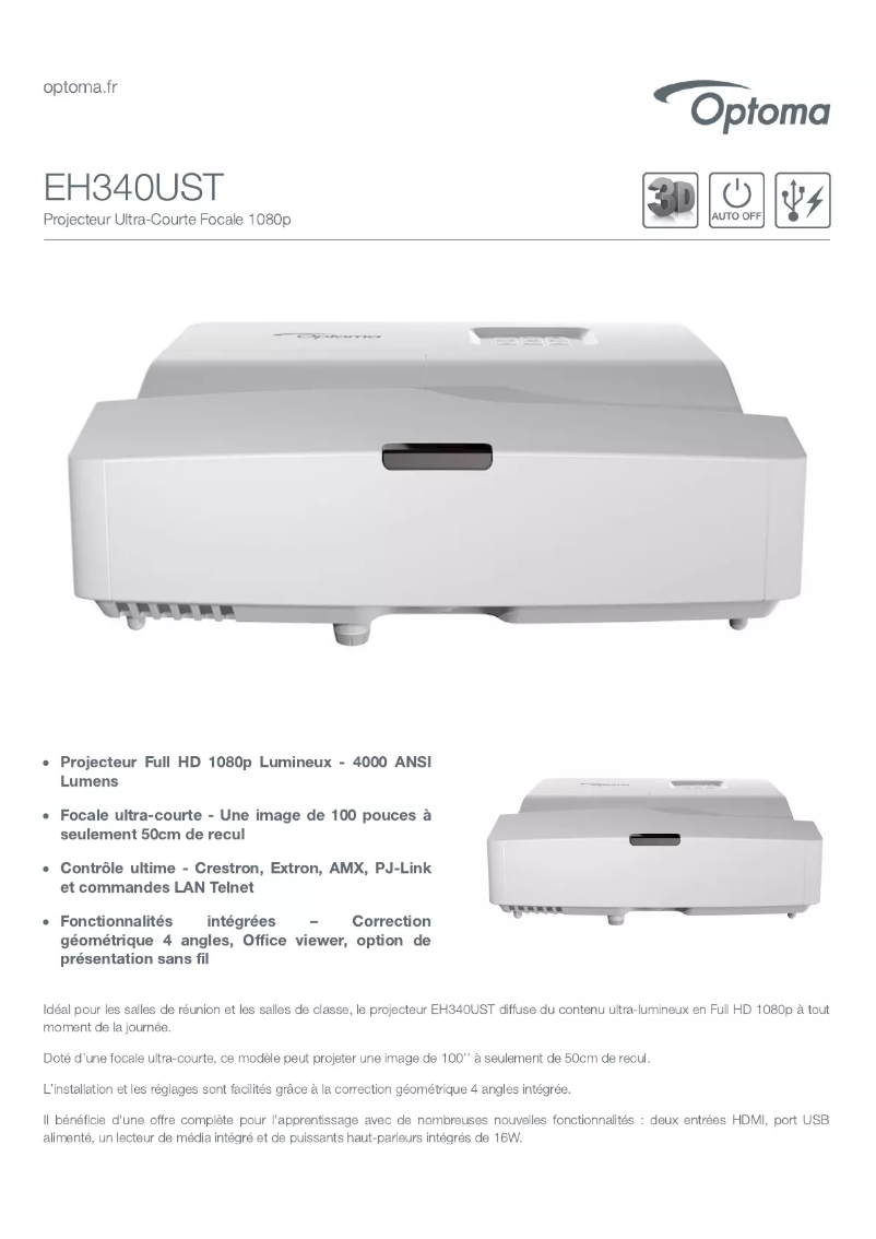 Page 1 de la notice Fiche technique Optoma EH340UST