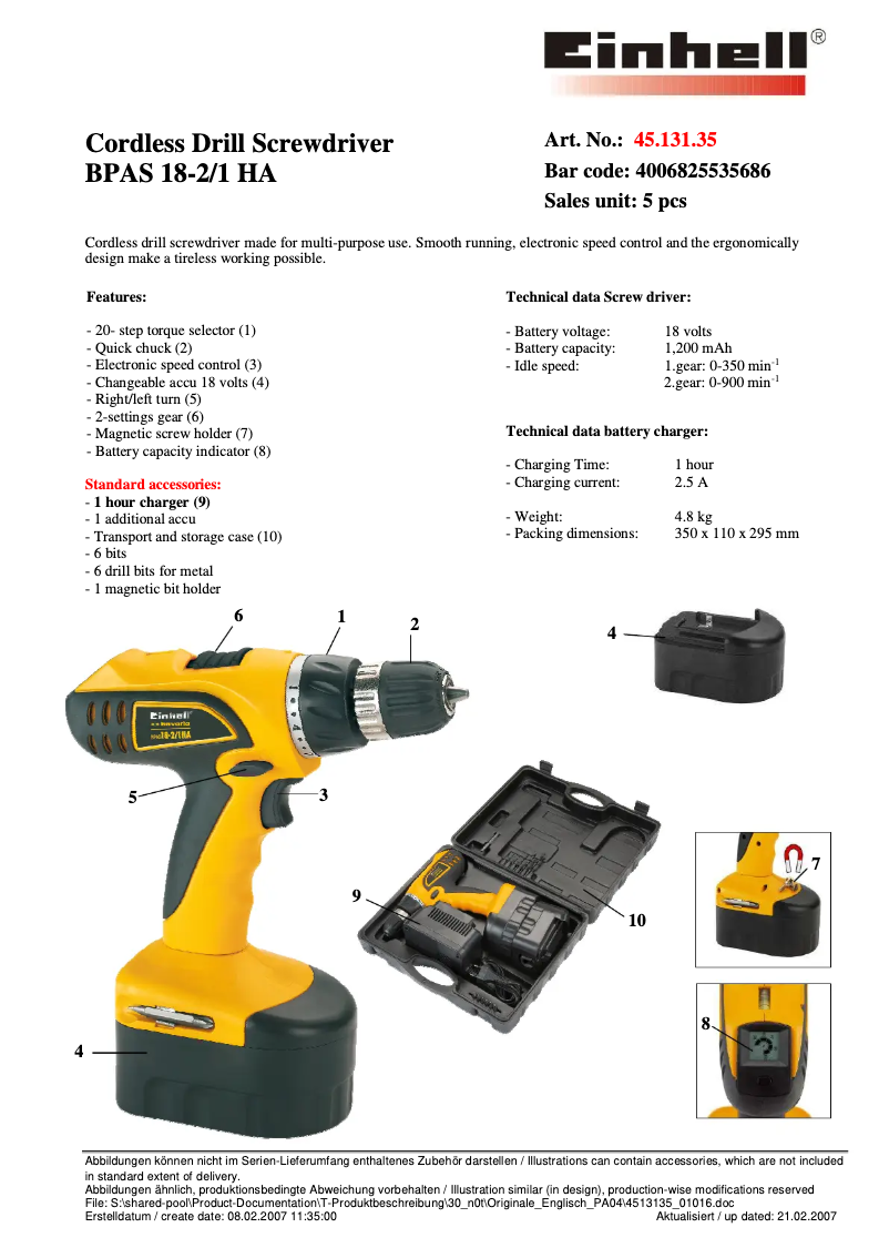 Page 1 de la notice Manuel utilisateur Bavaria by Einhell BPAS 18-2/1 HA