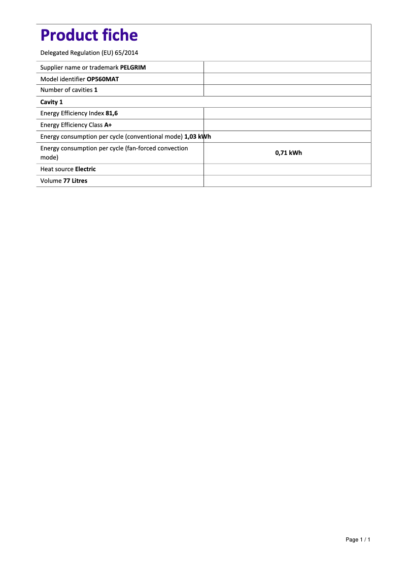 Página 1 del manual Ficha técnica Pelgrim OP560MAT