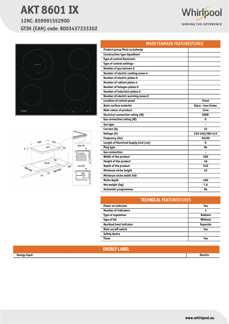 Page 1 de la notice Fiche technique Whirlpool AKT 8601 IX