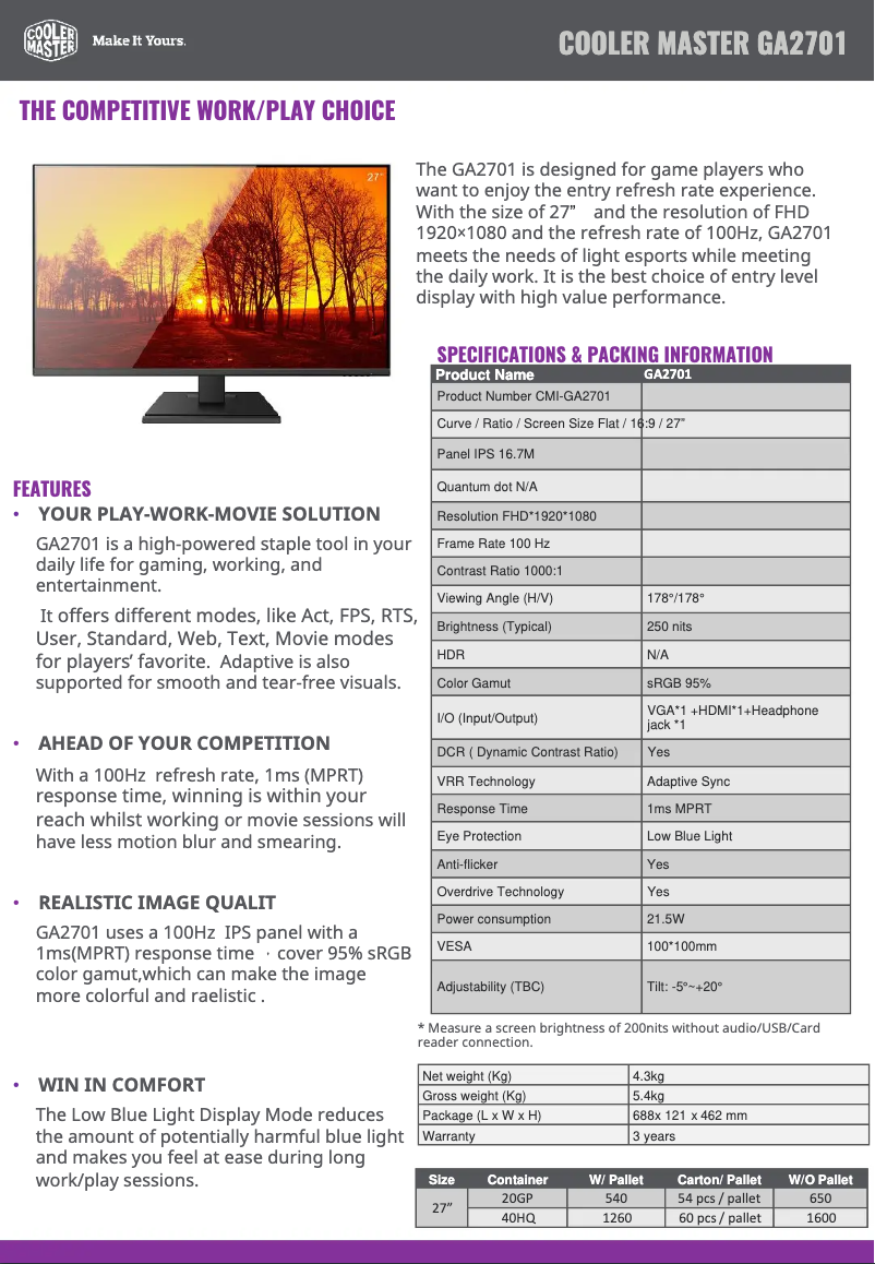 Page 1 de la notice Fiche technique Cooler Master GA2701
