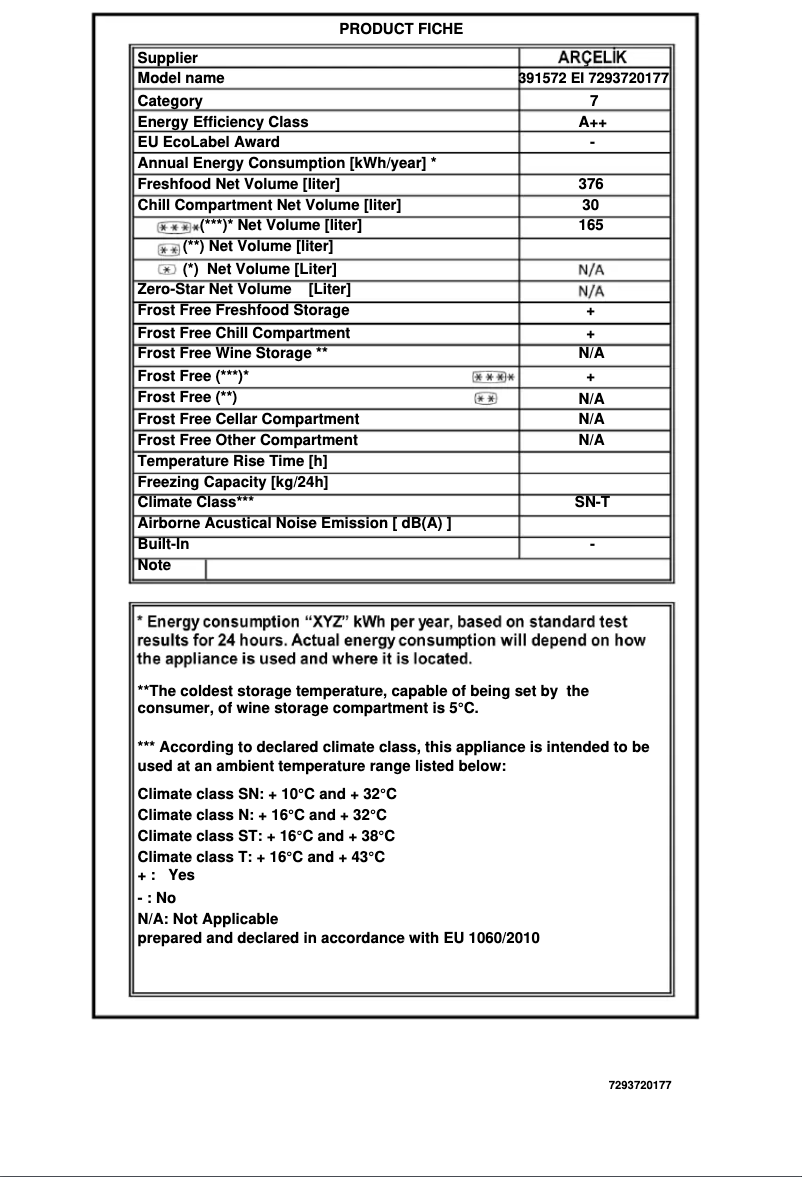 Page 1 de la notice Fiche technique Arçelik 391572 EI