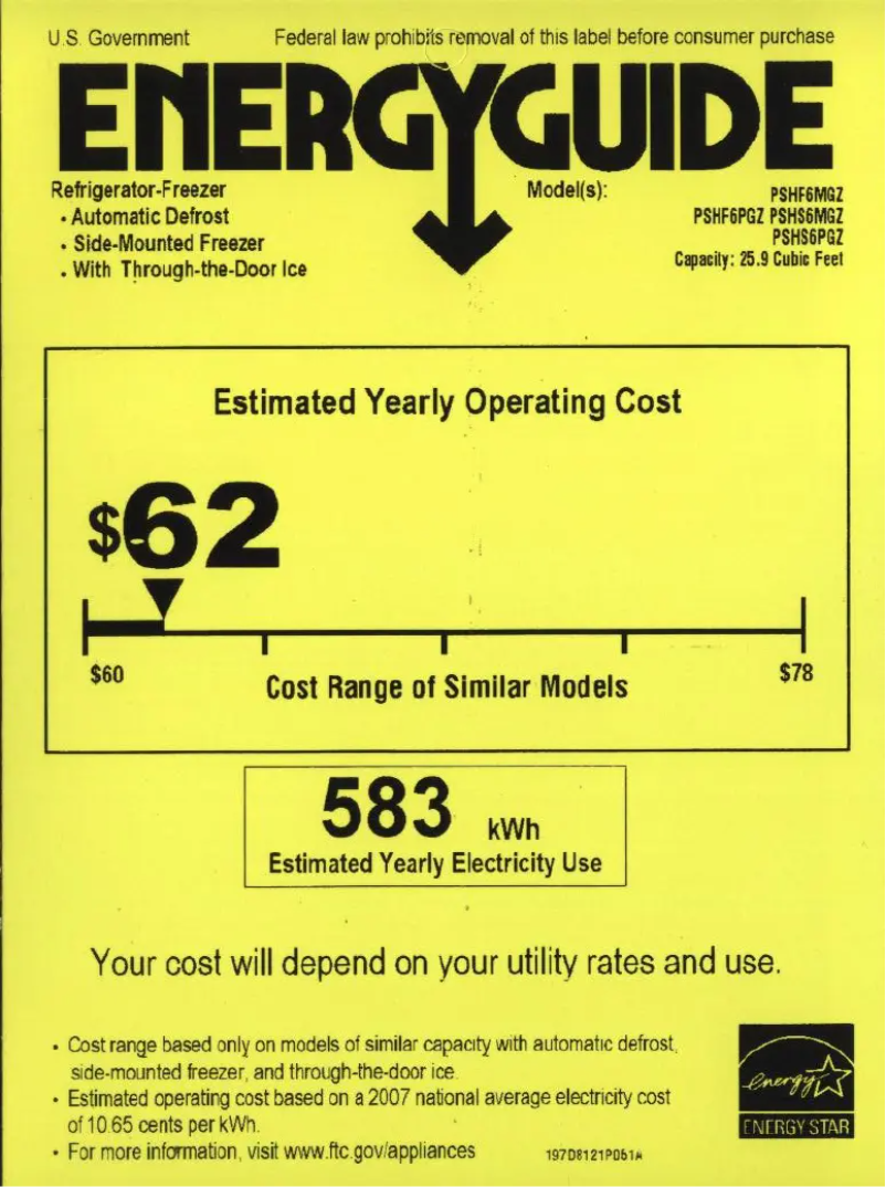 Page n°1 - Label énergétique GE PSHS6MGZSS