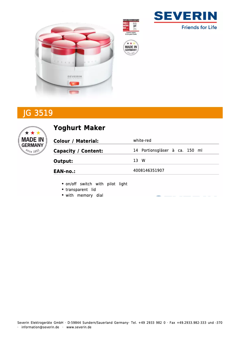 Page 1 of the manual Technical Sheet Severin JG 3519