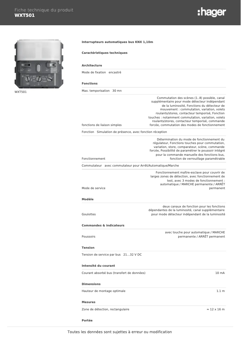 Page n°1 - Fiche technique Hager WXT501