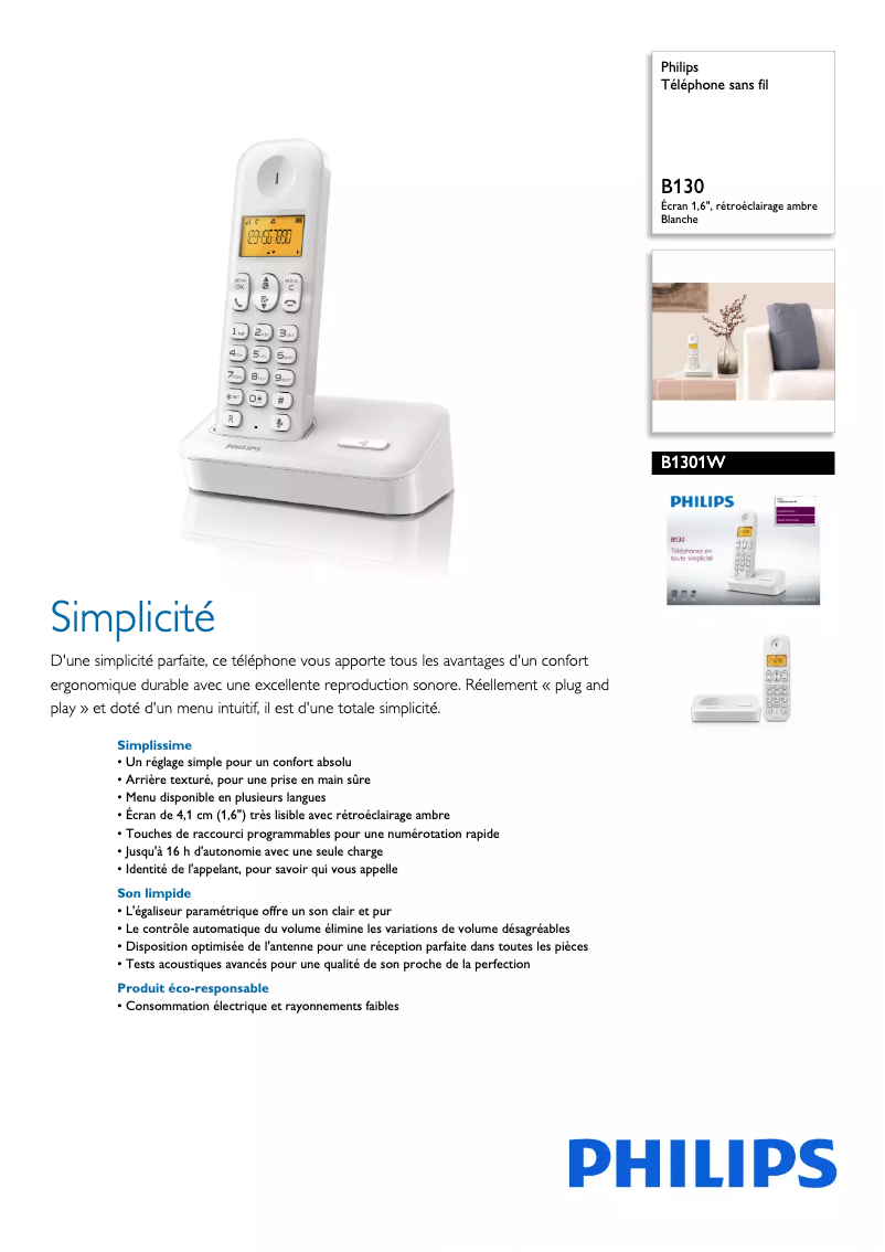 Página 1 del manual Ficha técnica Philips B1301W