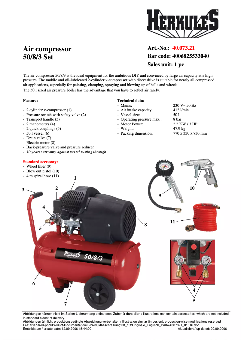 Page 1 de la notice Fiche technique Herkules 50/8/3