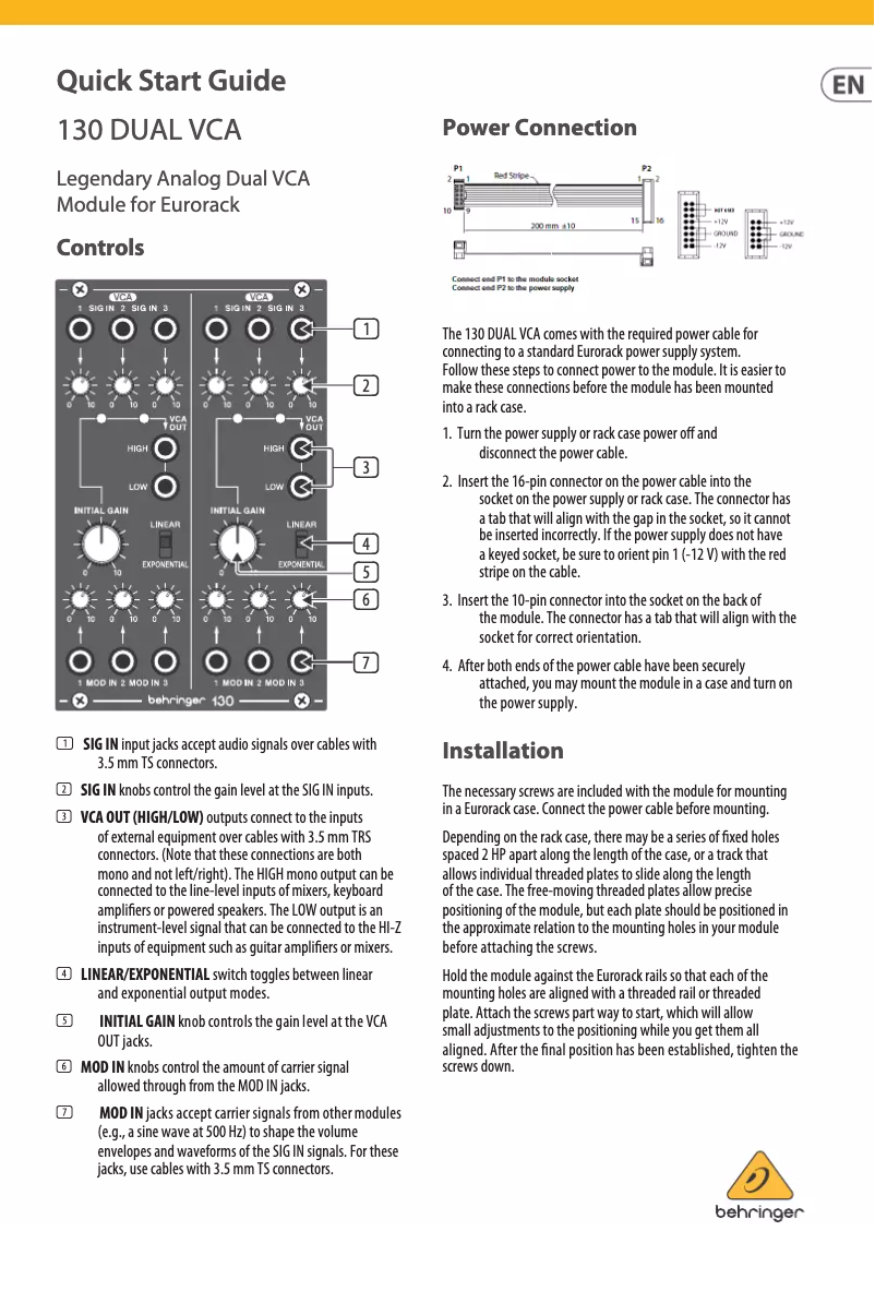 Page 1 de la notice Manuel utilisateur Behringer System 100 130 Dual VCA