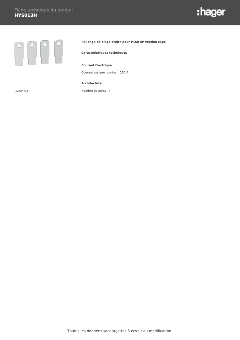 Page 1 de la notice Fiche technique Hager HYS013H