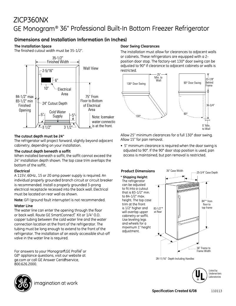 Page n°1 - Fiche technique GE ZICP360NXLH